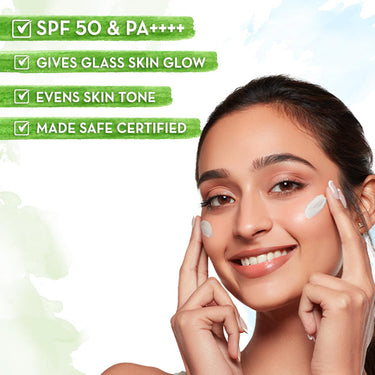 Mamaearth Rice Water Dewy Sunscreen with Rice Water & Niacinamide | Gives SPF50 & PA++++ Protection | For Glass Skin Glow | Evens Skin Tone | UVA & UVB Protection | No White Cast | For All Skin Types | 50 g